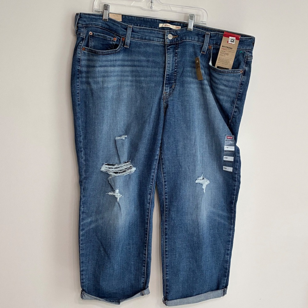 Levis Hypersoft Boyfriend Jeans 24W Plus Mid Rise Distressed Blue Denim NWT